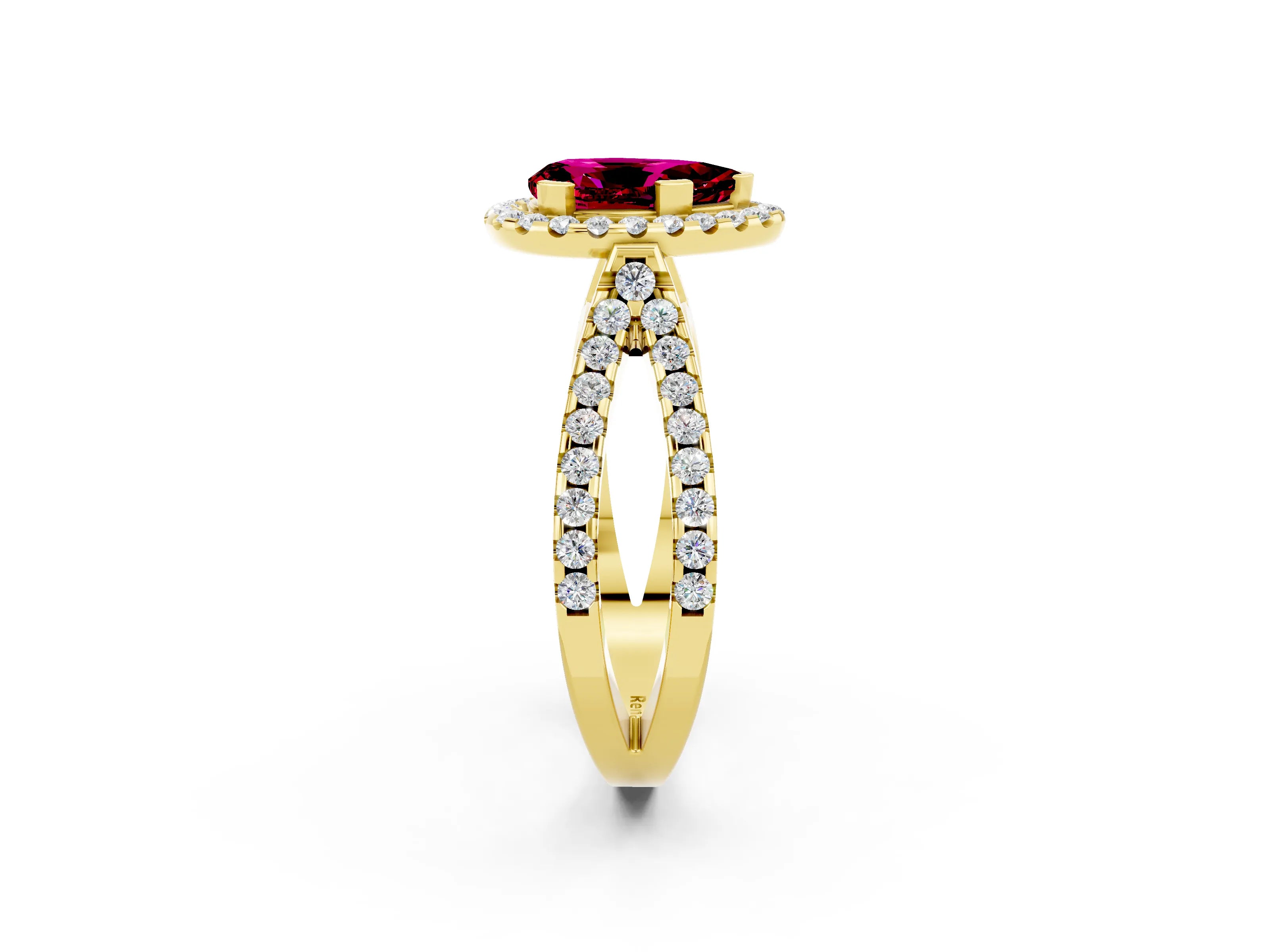 Yellow gold Pear Cut Garnet Halo Ring with Split Shank Pavé Band and Prong Setting_2