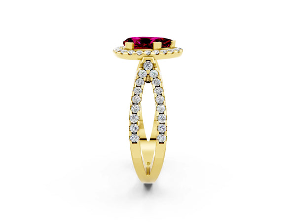 Yellow gold Pear Cut Garnet Halo Ring with Split Shank Pavé Band and Prong Setting
