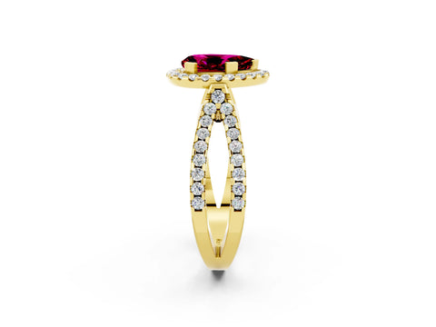 Yellow gold Pear Cut Garnet Halo Ring with Split Shank Pavé Band and Prong Setting_2