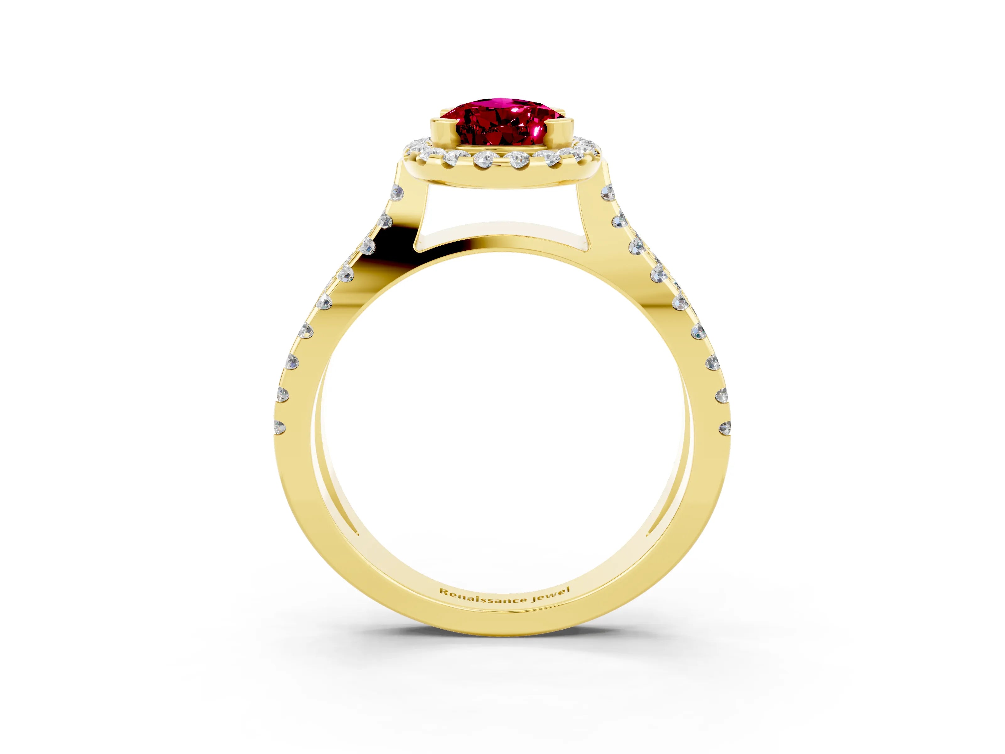 Yellow gold Pear Cut Garnet Halo Ring with Split Shank Pavé Band and Prong Setting_3