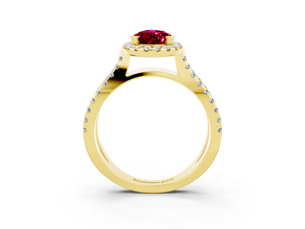 Yellow gold Pear Cut Garnet Halo Ring with Split Shank Pavé Band and Prong Setting