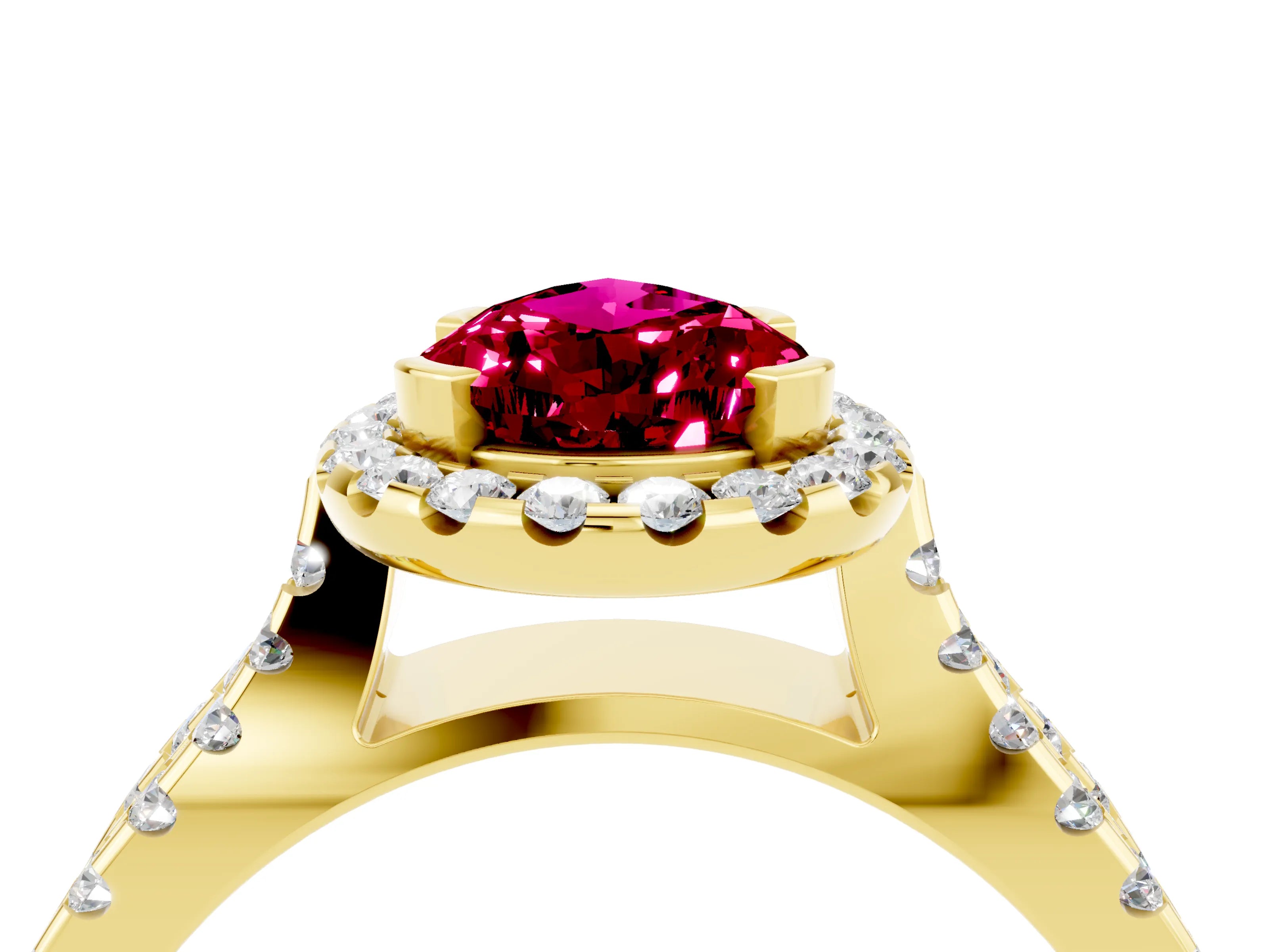 Yellow gold Pear Cut Garnet Halo Ring with Split Shank Pavé Band and Prong Setting_4