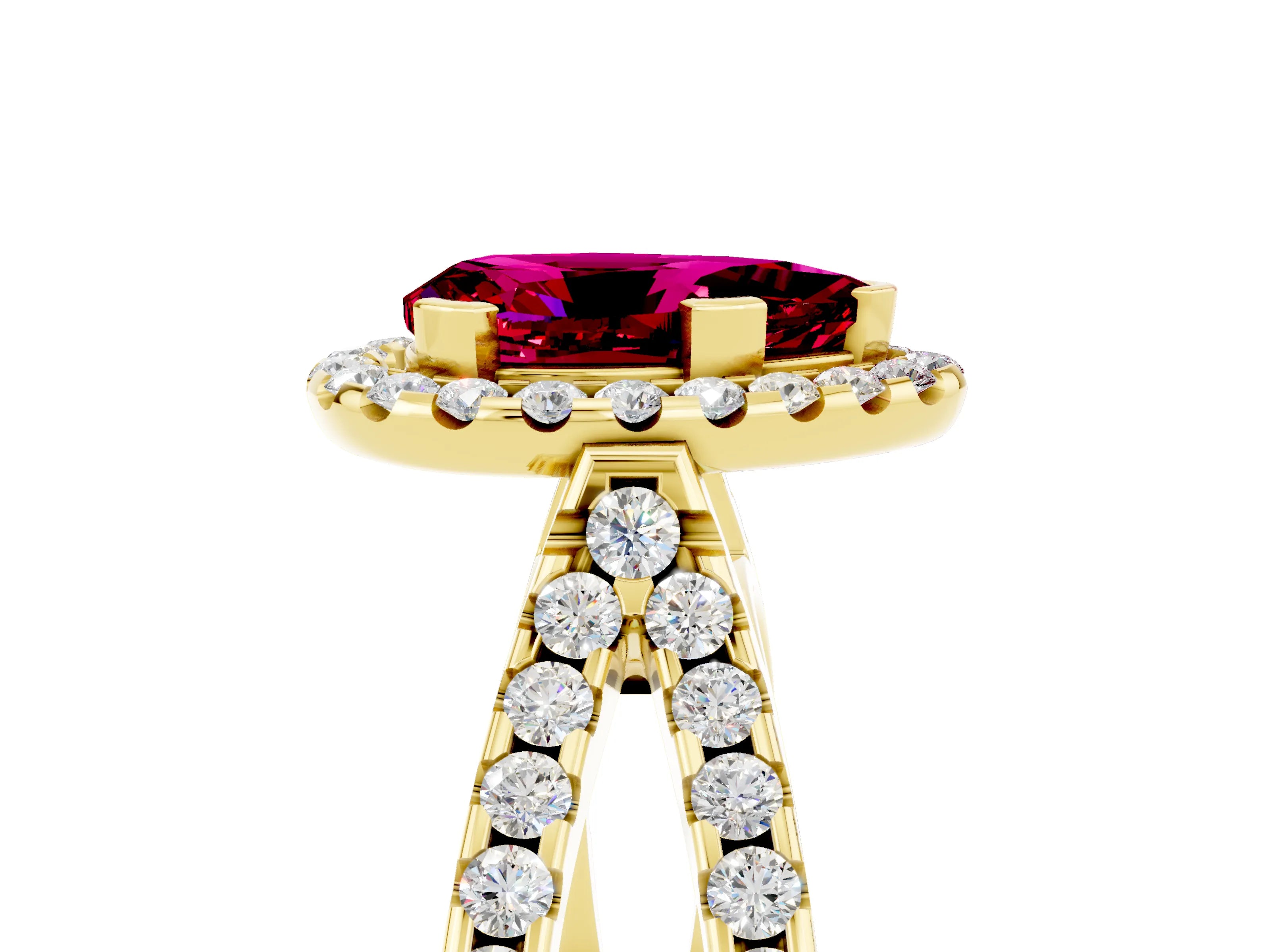 Yellow gold Pear Cut Garnet Halo Ring with Split Shank Pavé Band and Prong Setting_5