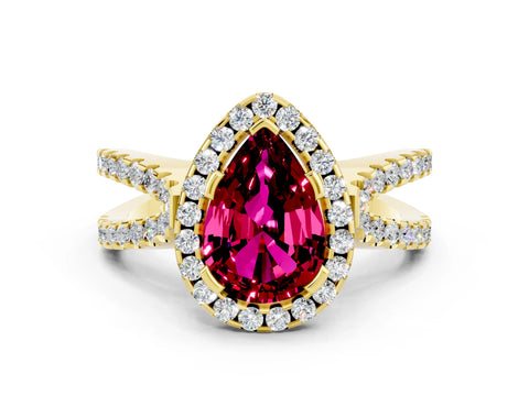 Yellow gold Pear Cut Garnet Halo Ring with Split Shank Pavé Band and Prong Setting