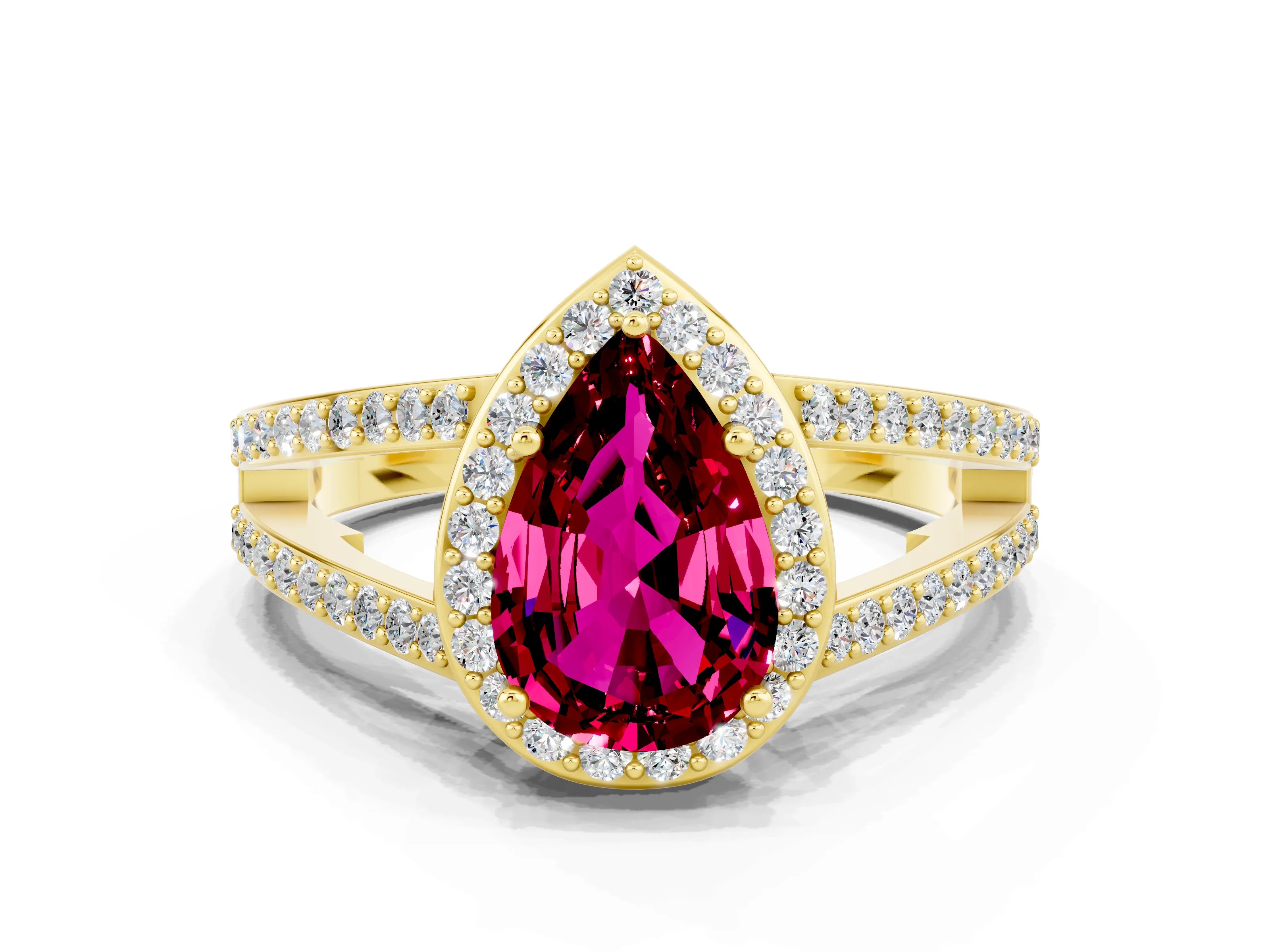 Yellow gold Pear Cut Garnet Halo Ring with Split Shank U-Prong Band and Four-Prong Setting