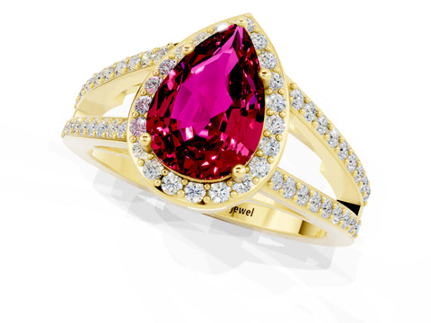 Yellow gold Pear Cut Garnet Halo Ring with Split Shank U-Prong Band and Four-Prong Setting_1