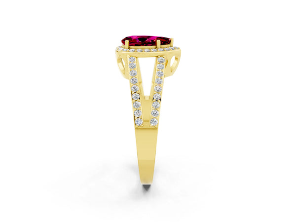 Yellow gold Pear Cut Garnet Halo Ring with Split Shank U-Prong Band and Four-Prong Setting
