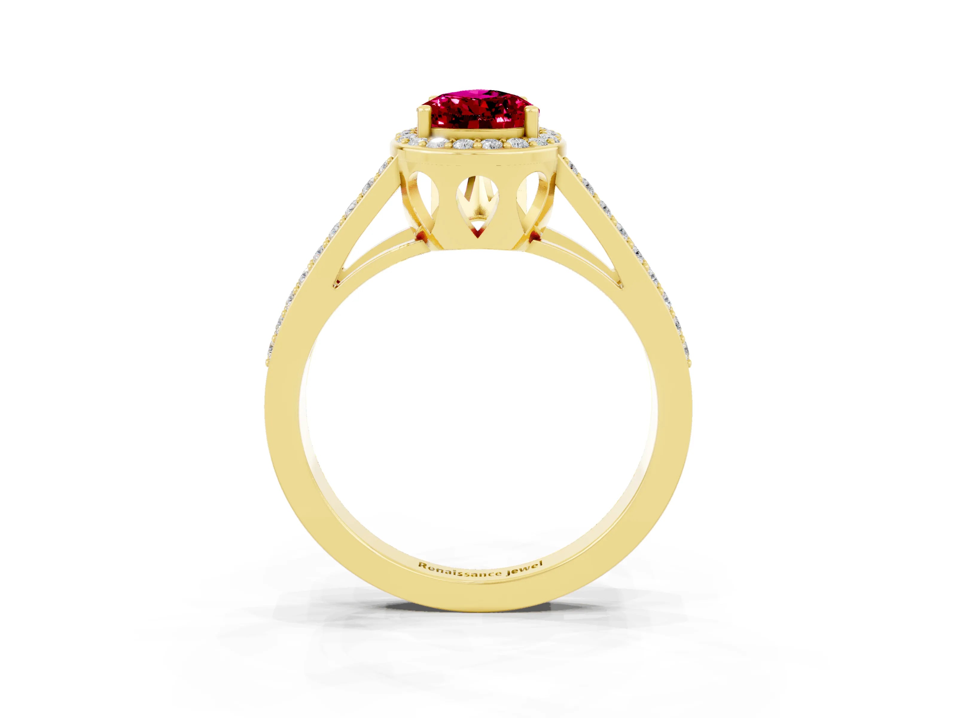 Yellow gold Pear Cut Garnet Halo Ring with Split Shank U-Prong Band and Four-Prong Setting_3