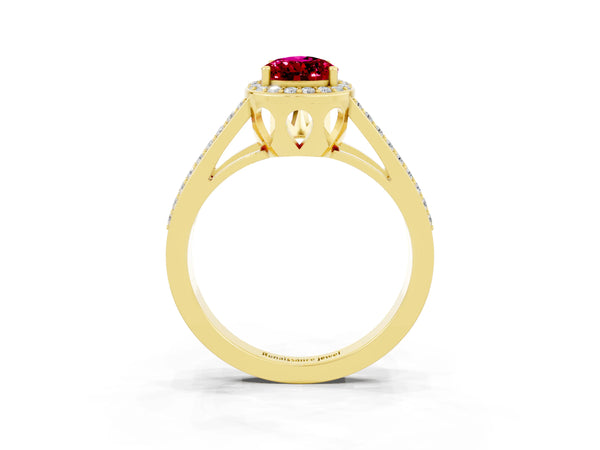 Yellow gold Pear Cut Garnet Halo Ring with Split Shank U-Prong Band and Four-Prong Setting