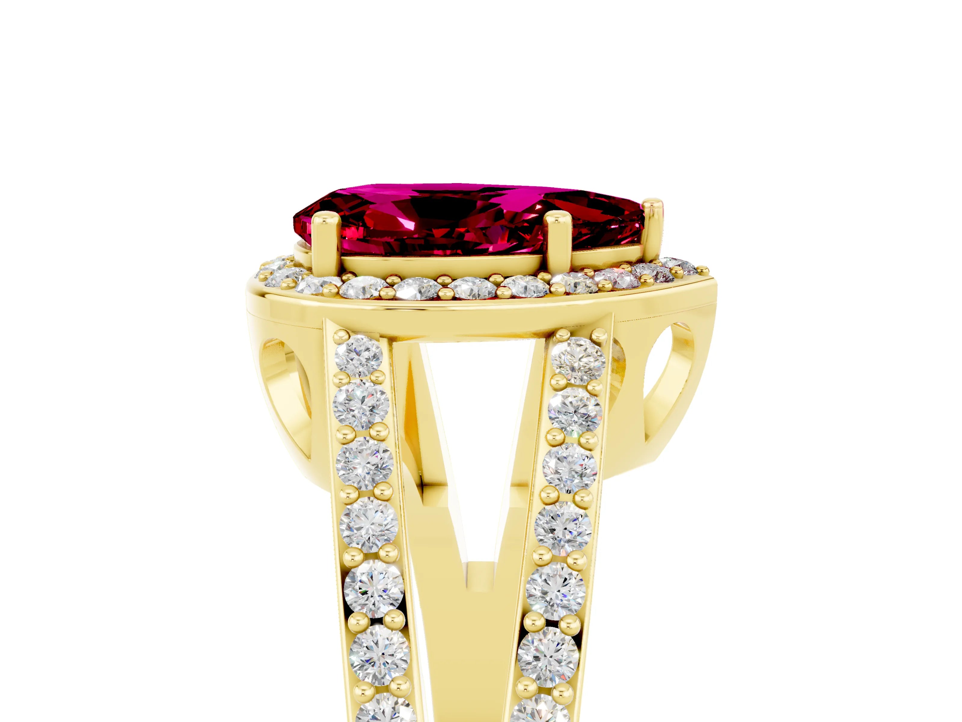 Yellow gold Pear Cut Garnet Halo Ring with Split Shank U-Prong Band and Four-Prong Setting_5