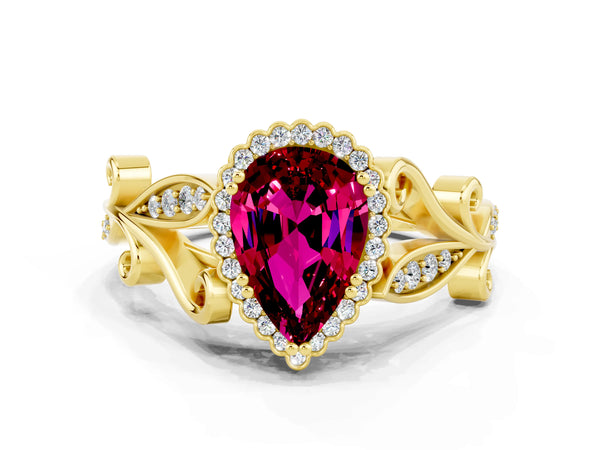 Yellow gold Pear Cut Garnet Halo Ring with Vintage Split Shank and Four-Prong Setting
