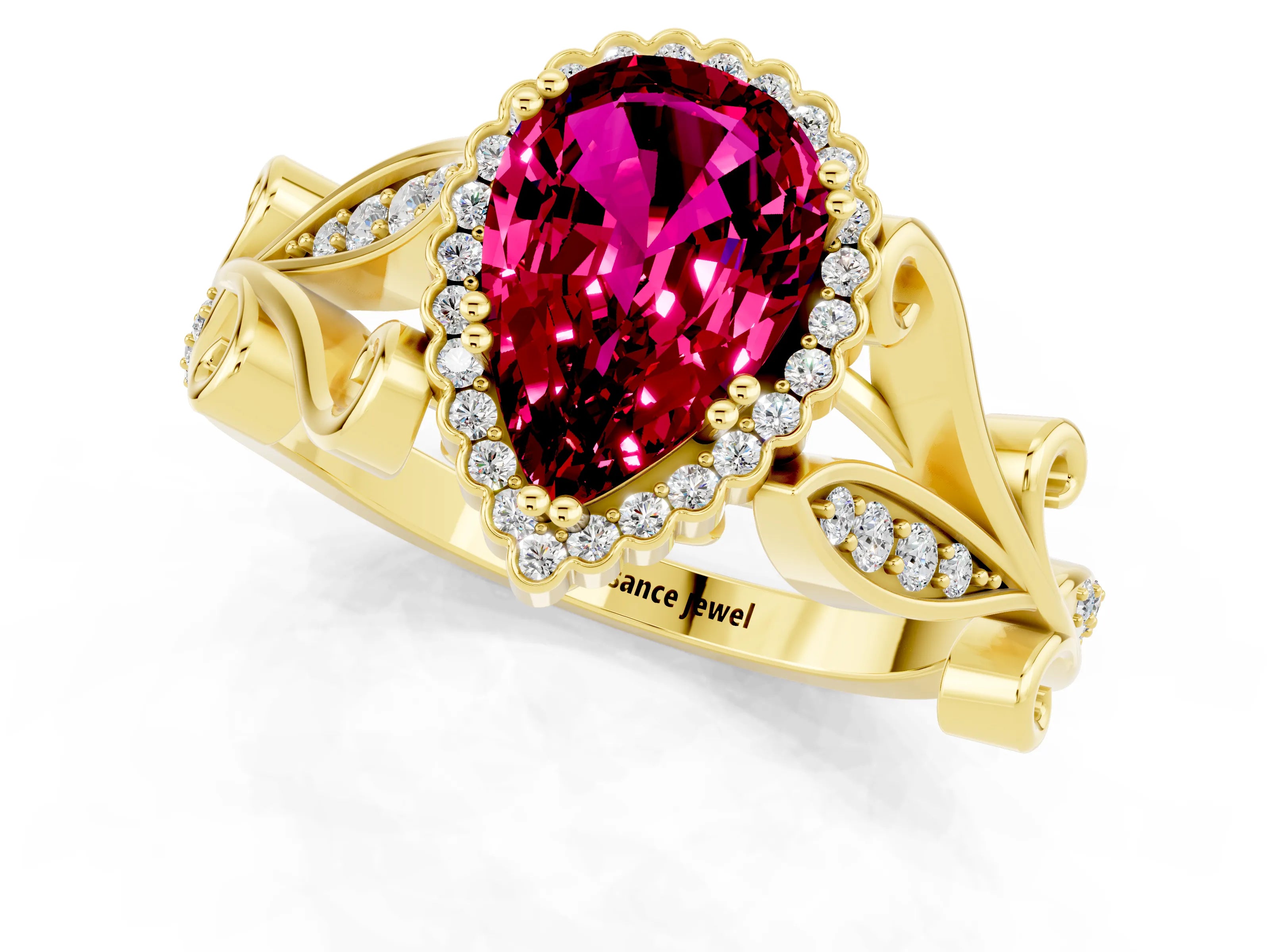 Yellow gold Pear Cut Garnet Halo Ring with Vintage Split Shank and Four-Prong Setting_1