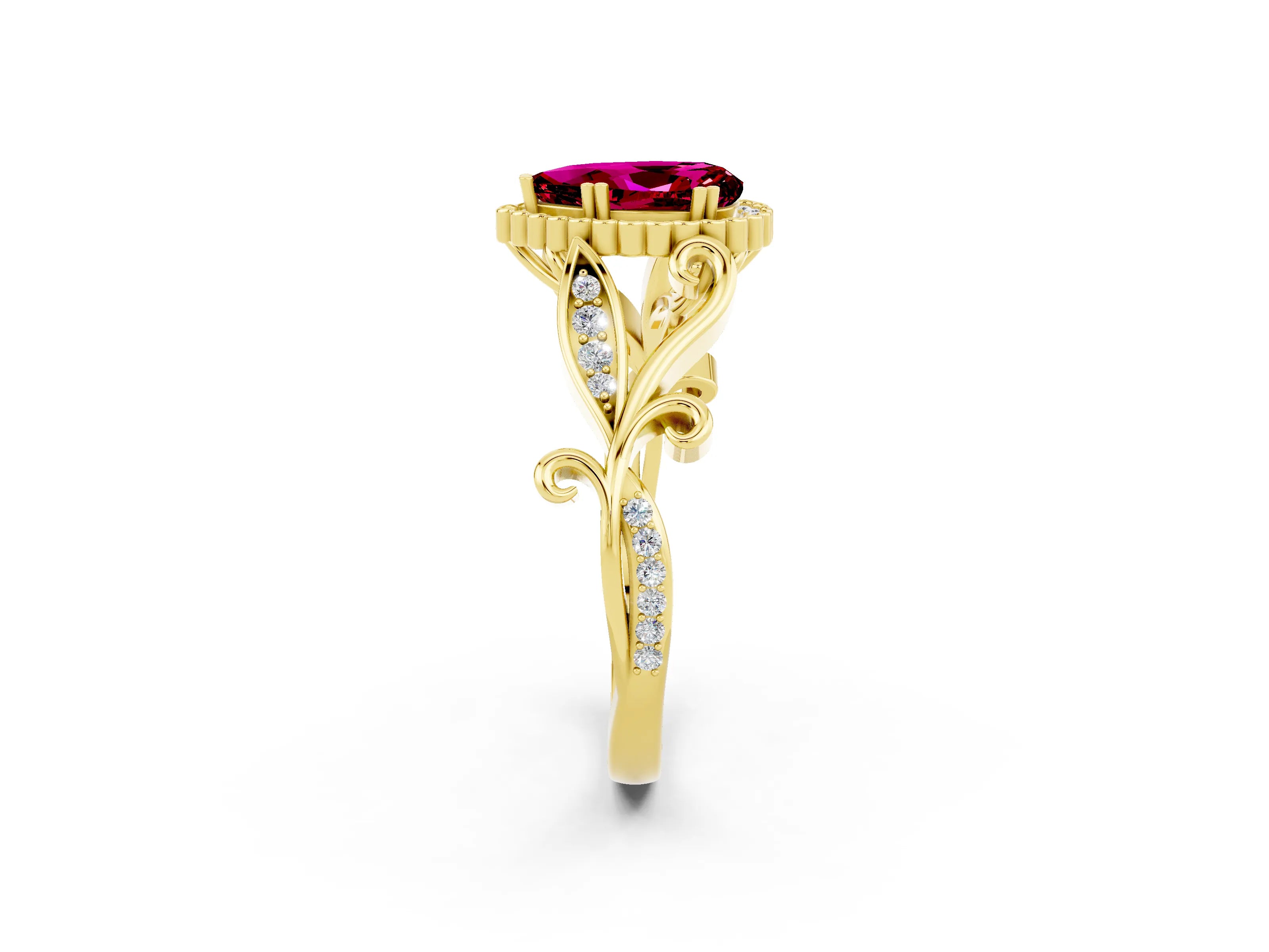 Yellow gold Pear Cut Garnet Halo Ring with Vintage Split Shank and Four-Prong Setting_2