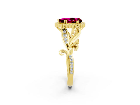 Yellow gold Pear Cut Garnet Halo Ring with Vintage Split Shank and Four-Prong Setting_2