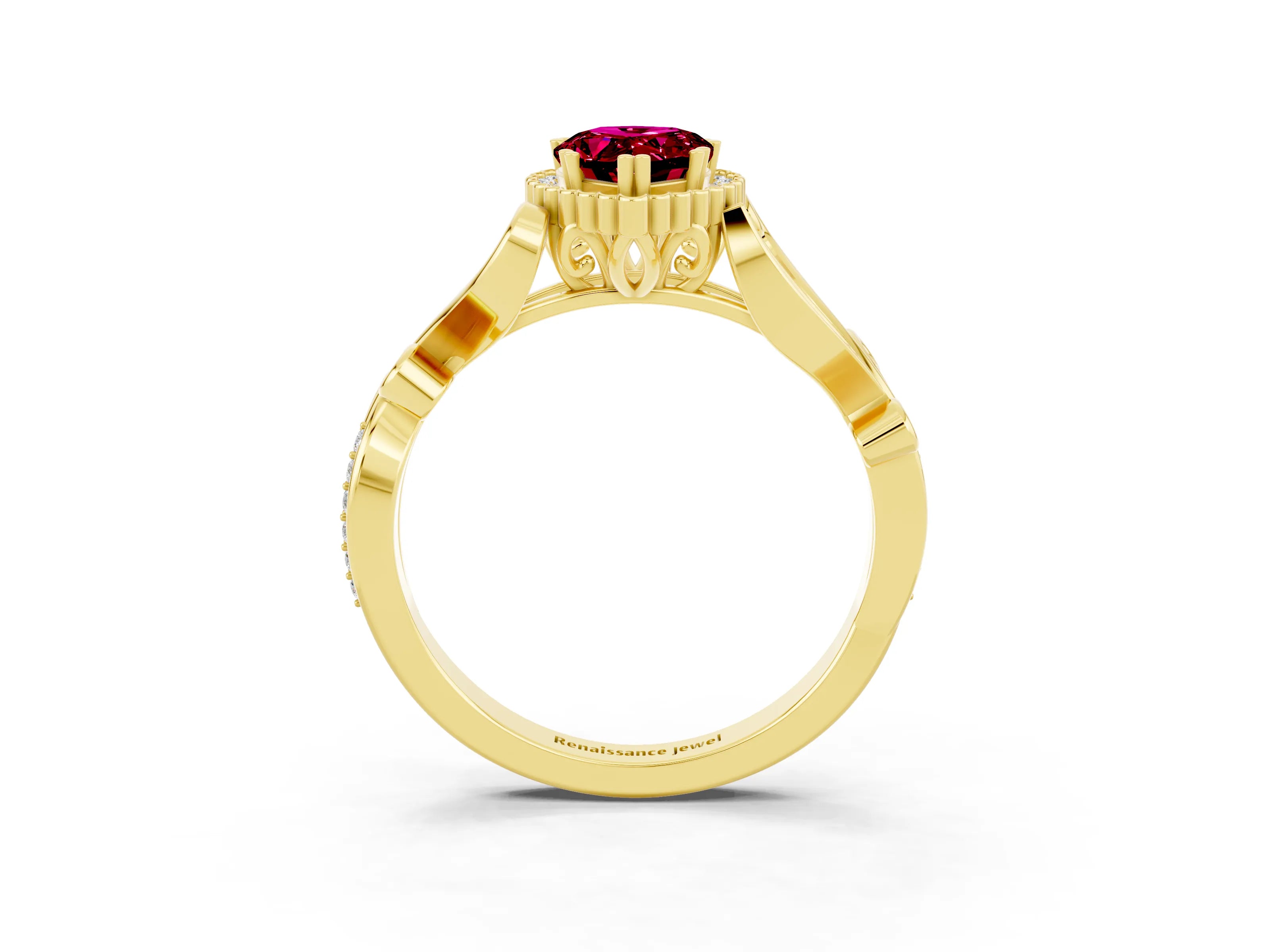 Yellow gold Pear Cut Garnet Halo Ring with Vintage Split Shank and Four-Prong Setting_3
