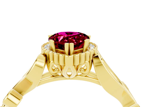 Yellow gold Pear Cut Garnet Halo Ring with Vintage Split Shank and Four-Prong Setting_4