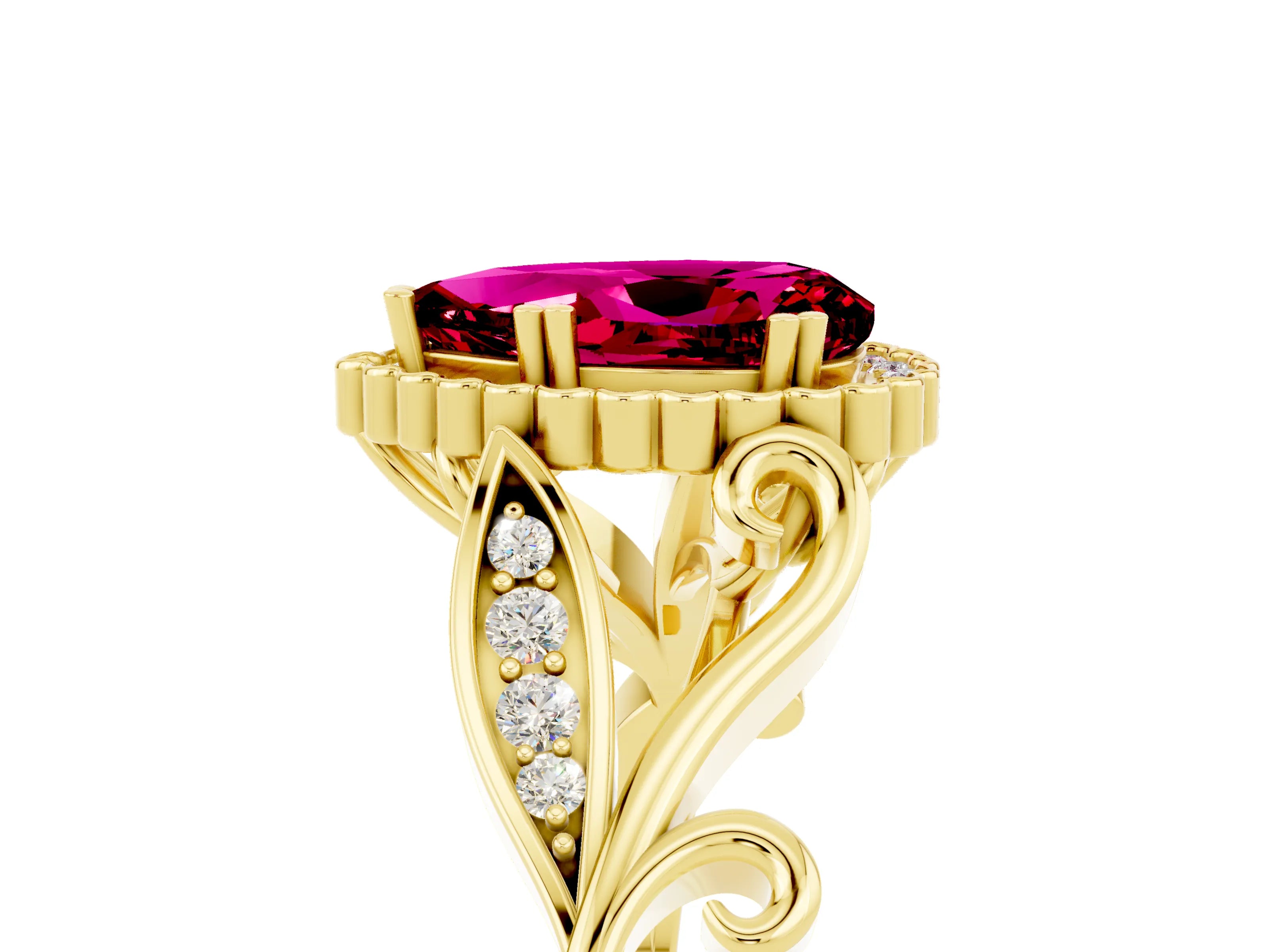Yellow gold Pear Cut Garnet Halo Ring with Vintage Split Shank and Four-Prong Setting_5