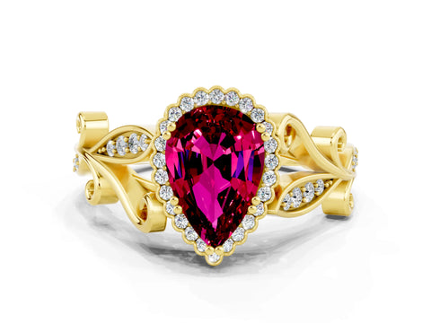 Yellow gold Pear Cut Garnet Halo Ring with Vintage Split Shank and Four-Prong Setting