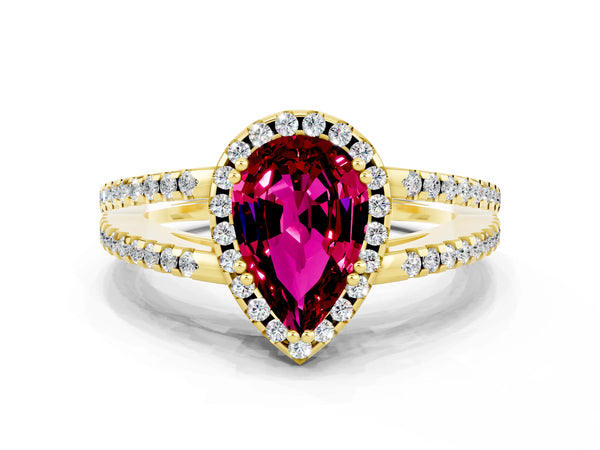 Yellow gold Pear Cut Garnet Halo Split Shank Engagement Ring