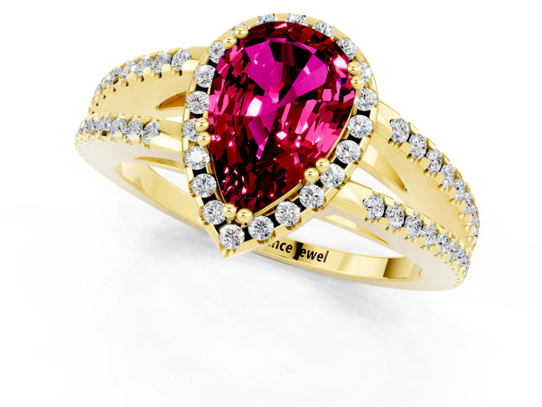 Yellow gold Pear Cut Garnet Halo Split Shank Engagement Ring