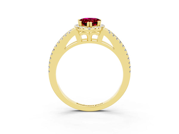 Yellow gold Pear Cut Garnet Halo Split Shank Engagement Ring