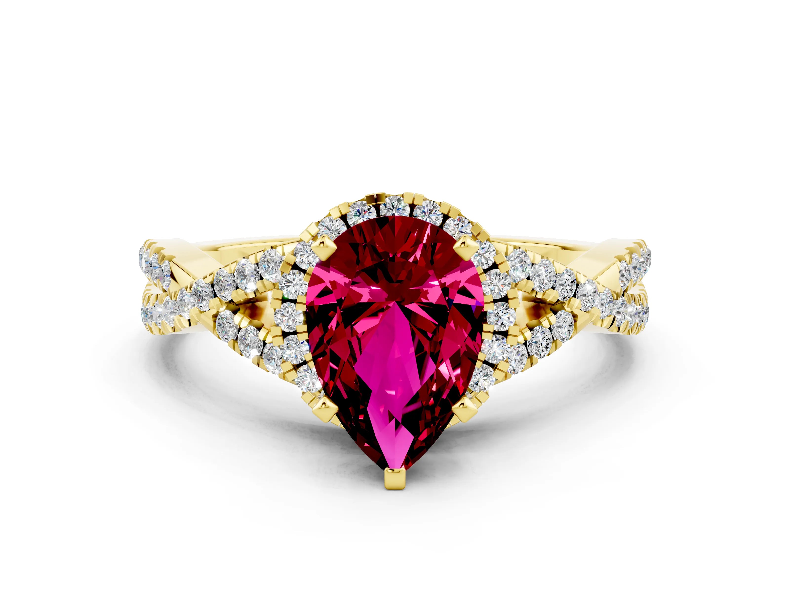 Yellow gold Pear Cut Garnet Halo Twist Band Solitaire Prong Setting Ring