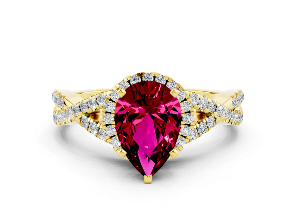 Yellow gold Pear Cut Garnet  Halo Twist Band Solitaire Prong Setting Ring