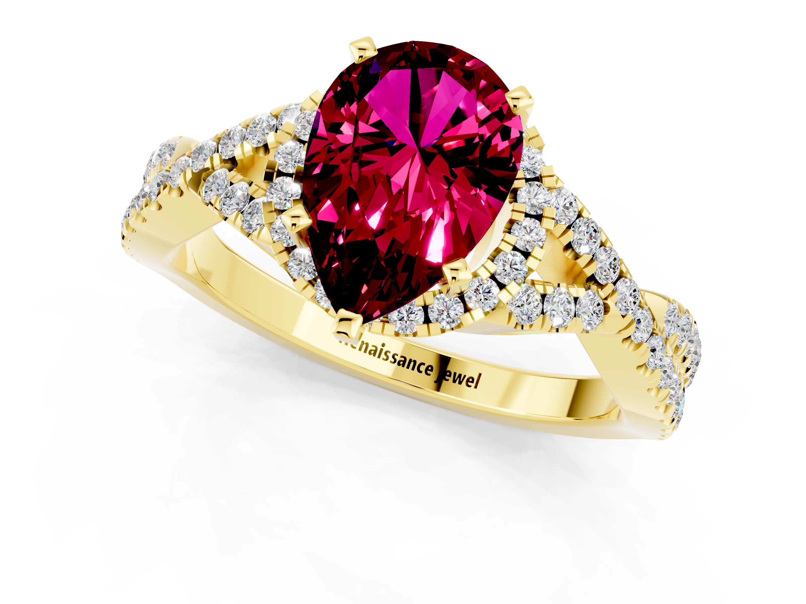 Yellow gold Pear Cut Garnet Halo Twist Band Solitaire Prong Setting Ring_1