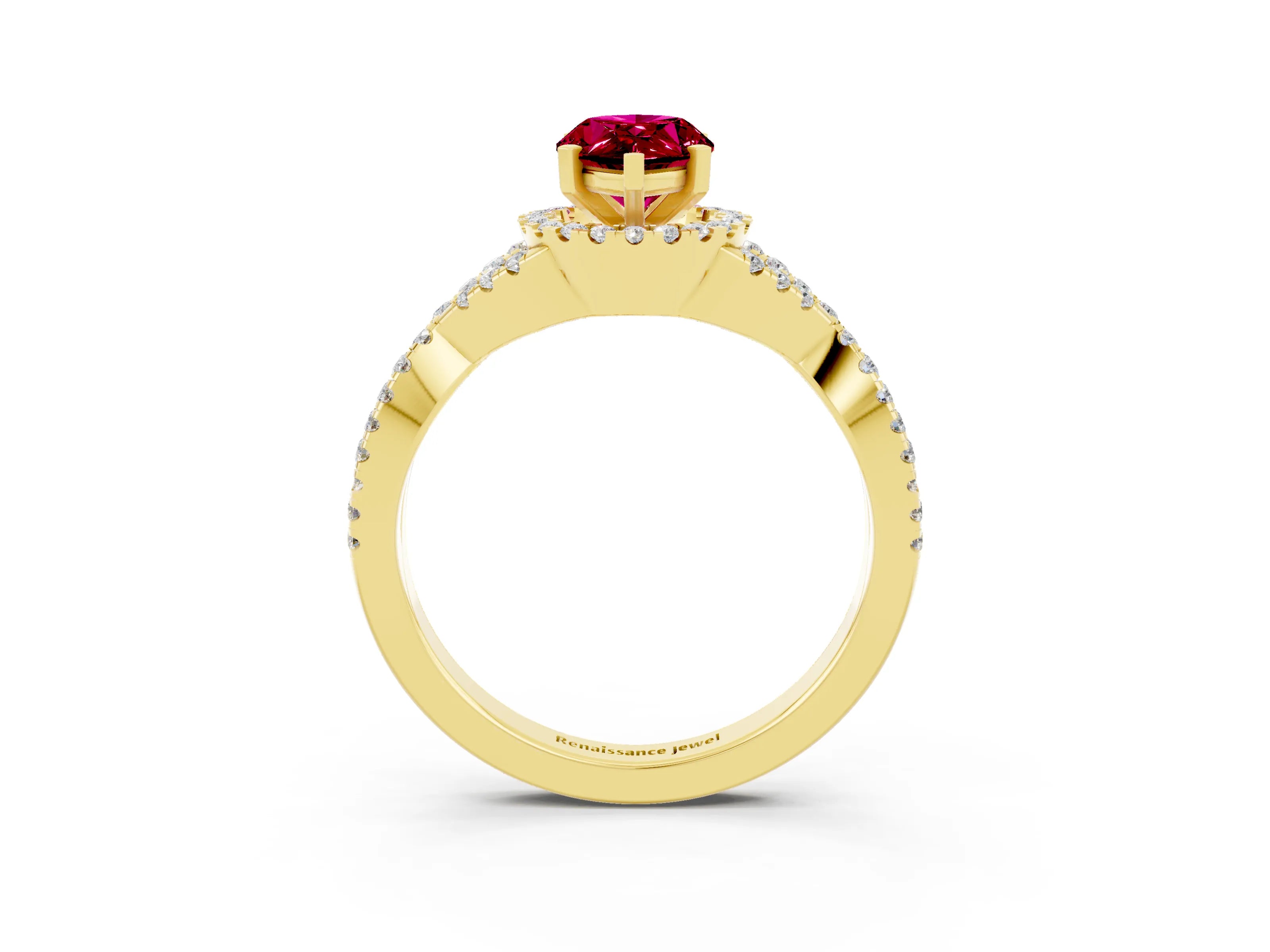 Yellow gold Pear Cut Garnet Halo Twist Band Solitaire Prong Setting Ring_3