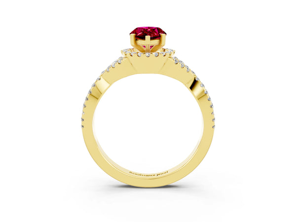 Yellow gold Pear Cut Garnet  Halo Twist Band Solitaire Prong Setting Ring