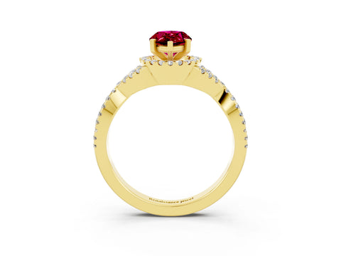 Yellow gold Pear Cut Garnet Halo Twist Band Solitaire Prong Setting Ring_3