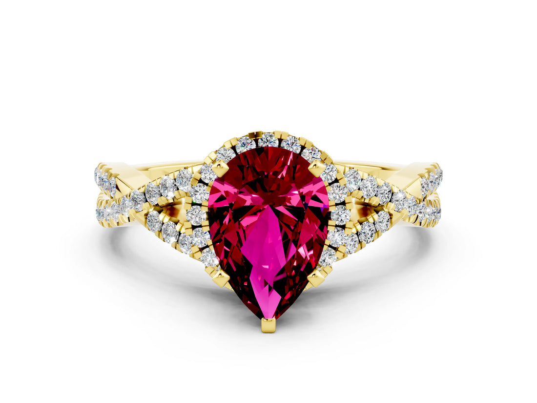 Yellow gold Pear Cut Garnet  Halo Twist Band Solitaire Prong Setting Ring_42