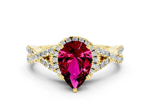 Yellow gold Pear Cut Garnet Halo Twist Band Solitaire Prong Setting Ring