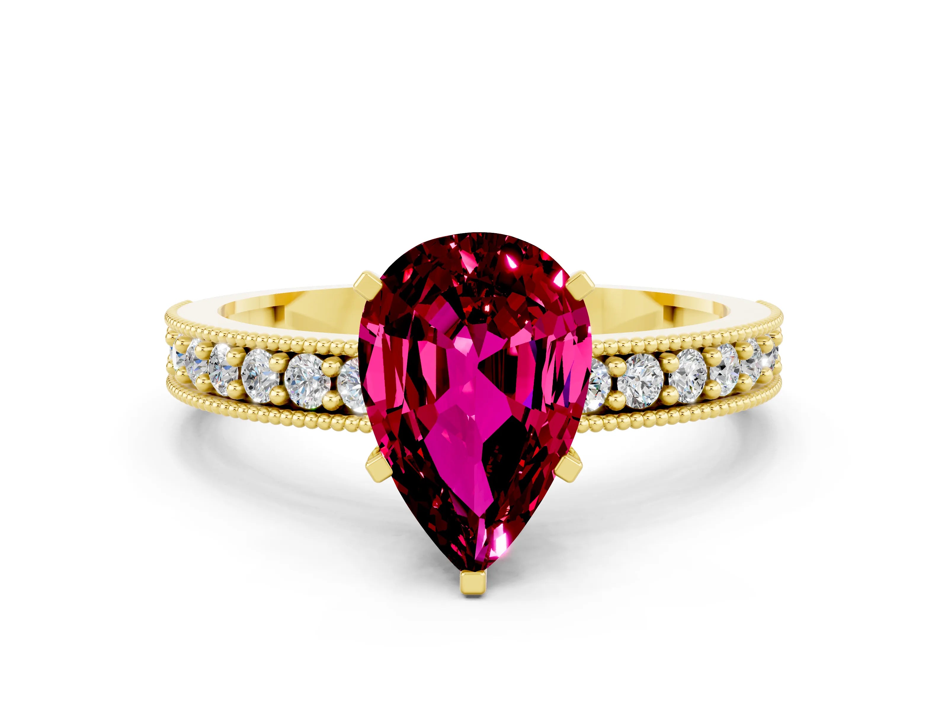 Yellow gold Pear Cut Garnet Milgrain Pavé Engagement Ring with Four-Prong Setting