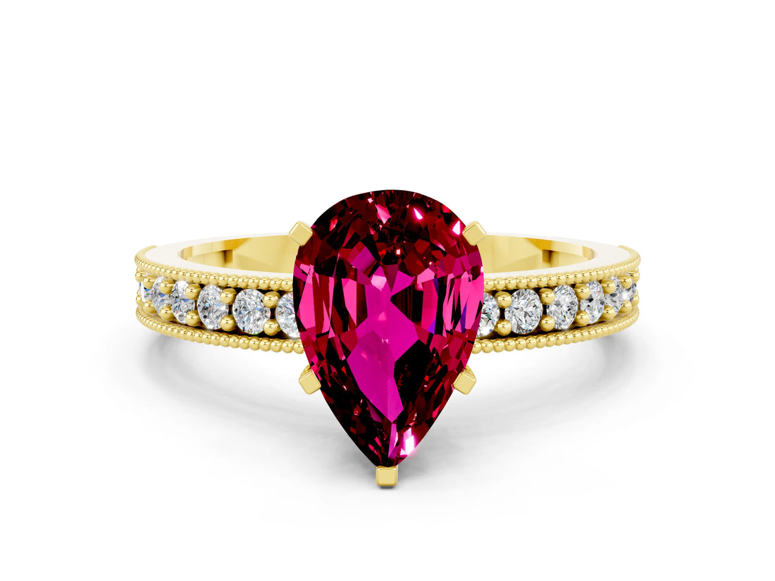 Yellow gold Pear Cut Garnet Milgrain Pavé Engagement Ring with Four-Prong Setting