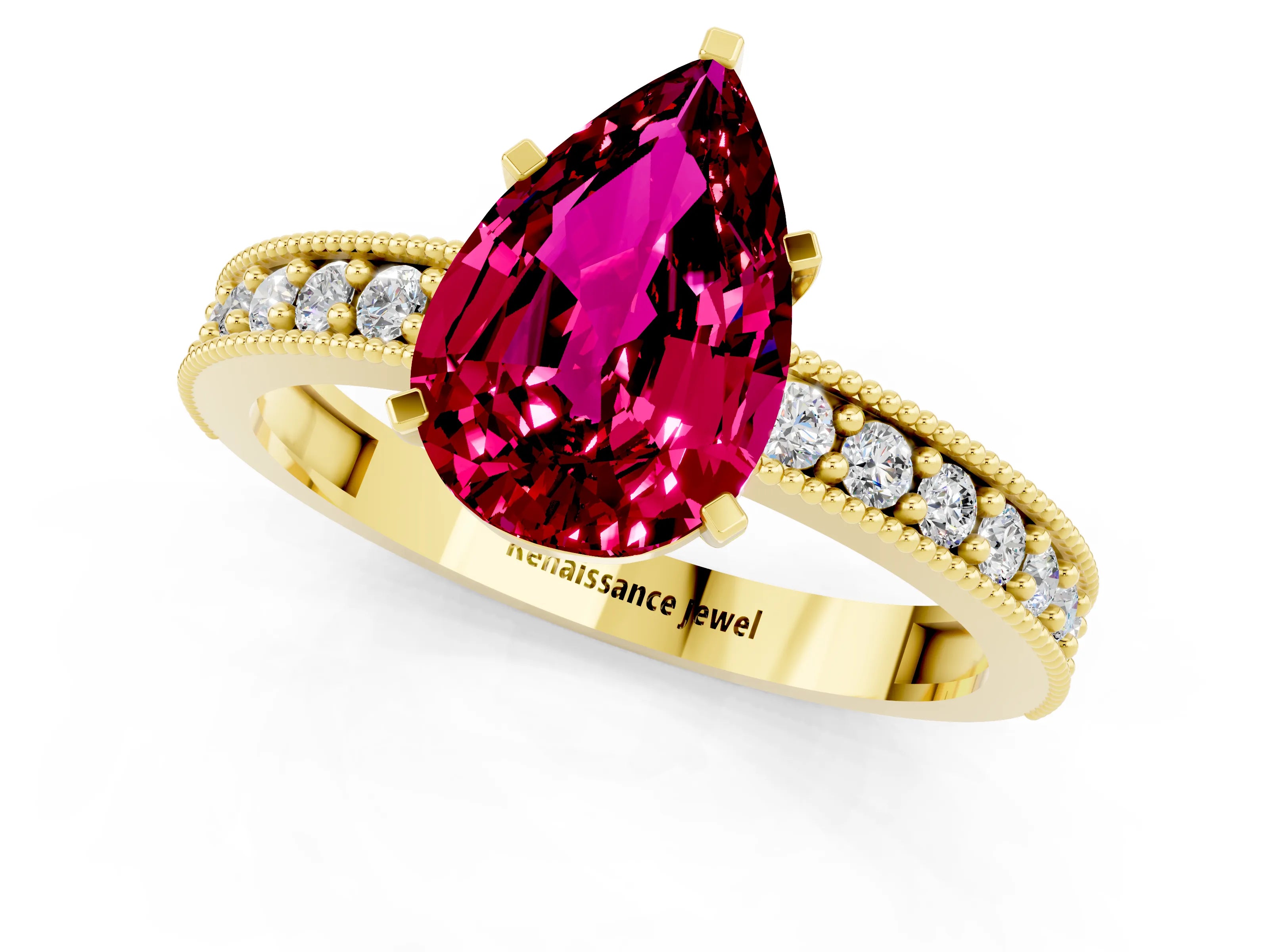 Yellow gold Pear Cut Garnet Milgrain Pavé Engagement Ring with Four-Prong Setting_1