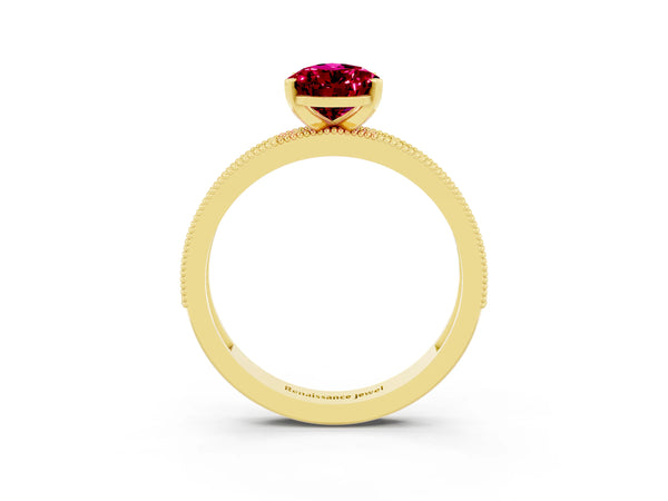 Yellow gold Pear Cut Garnet Milgrain Pavé Engagement Ring with Four-Prong Setting