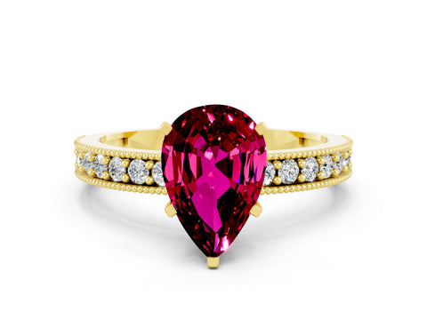 Yellow gold Pear Cut Garnet Milgrain Pavé Engagement Ring with Four-Prong Setting