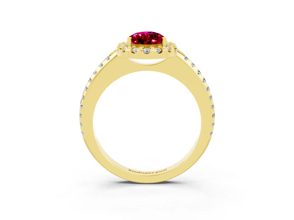 Yellow gold Pear Cut Garnet Pavé Halo Ring with Four-Prong Setting