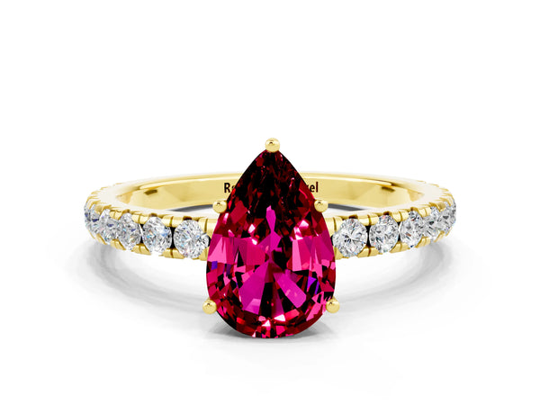 Yellow gold Pear Cut Garnet Pavé Solitaire Engagement Ring with Four-Prong Setting