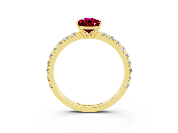 Yellow gold Pear Cut Garnet Pavé Solitaire Engagement Ring with Four-Prong Setting