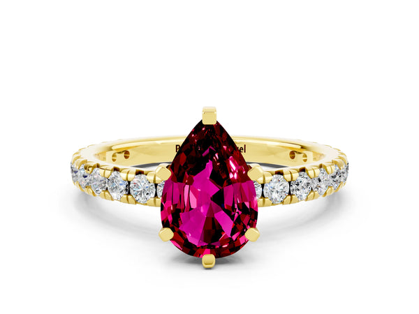 Yellow gold Pear Cut Garnet Pavé Solitaire Ring with Round Band and Prong Setting