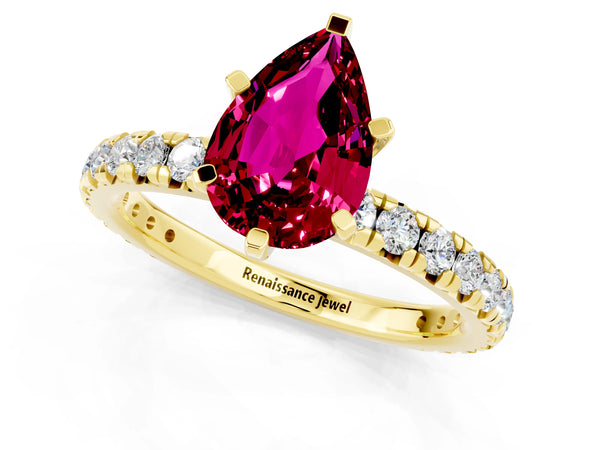 Yellow gold Pear Cut Garnet Pavé Solitaire Ring with Round Band and Prong Setting