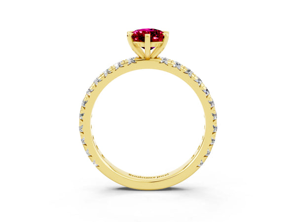 Yellow gold Pear Cut Garnet Pavé Solitaire Ring with Round Band and Prong Setting