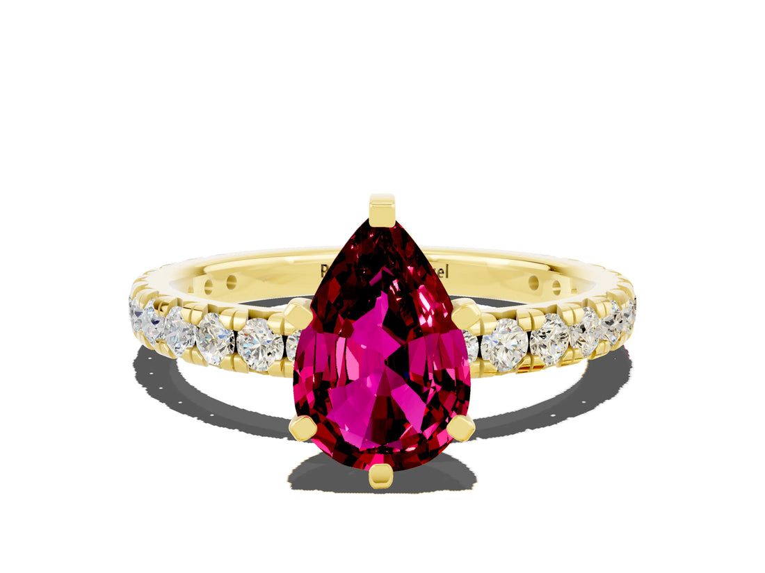 Yellow gold Pear Cut Garnet Pavé Solitaire Ring with Round Band and Prong Setting_24