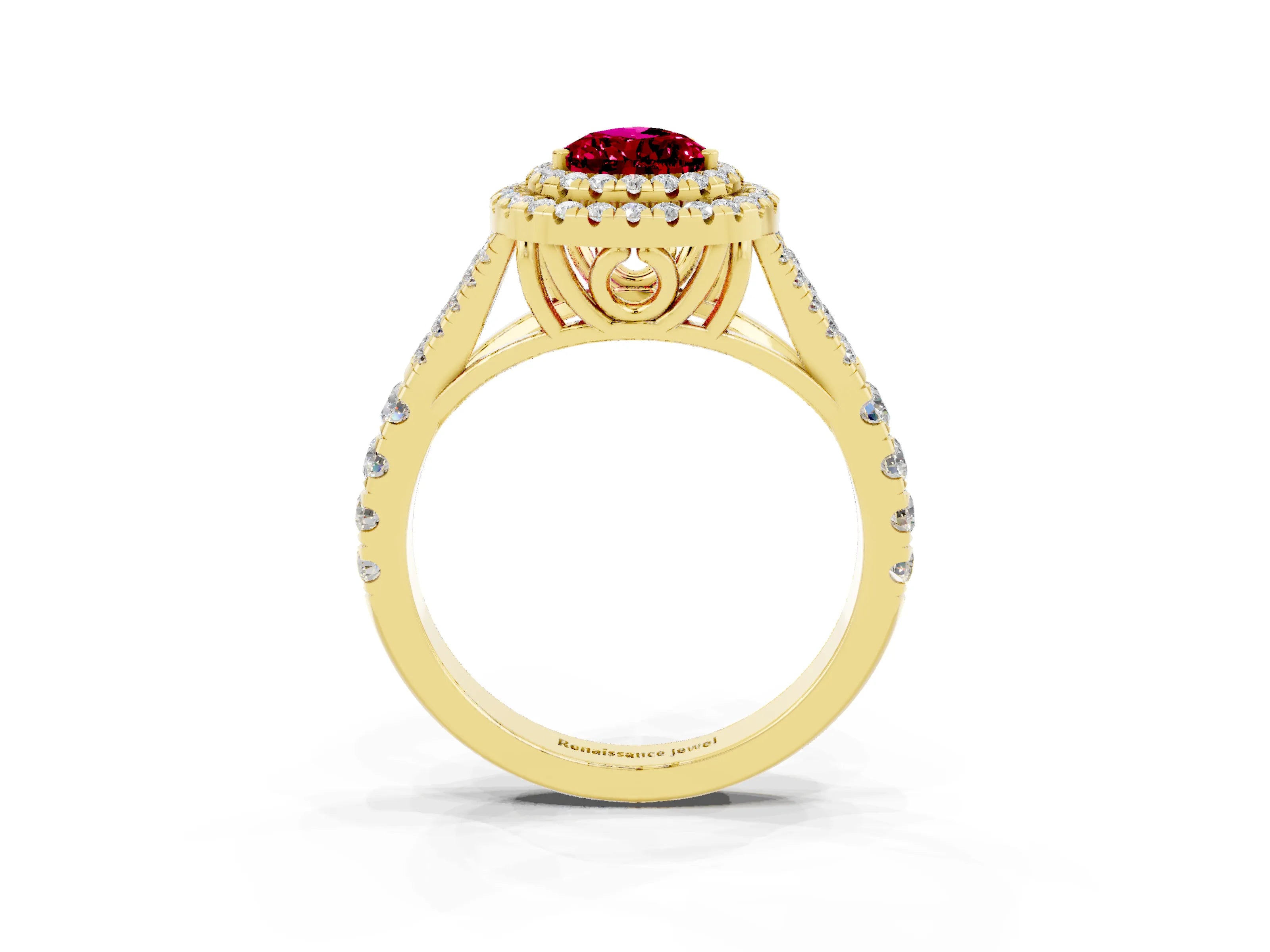 Yellow gold Pear Cut Garnet Pavé Split Shank Double Halo Engagement Ring_3