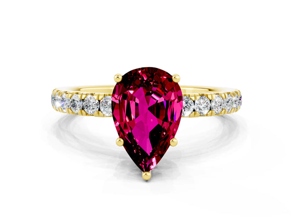 Yellow gold Pear Cut Garnet Pave Band Solitaire Ring with Round  and Prong Setting