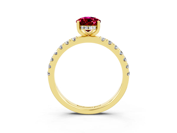 Yellow gold Pear Cut Garnet Pave Band Solitaire Ring with Round  and Prong Setting