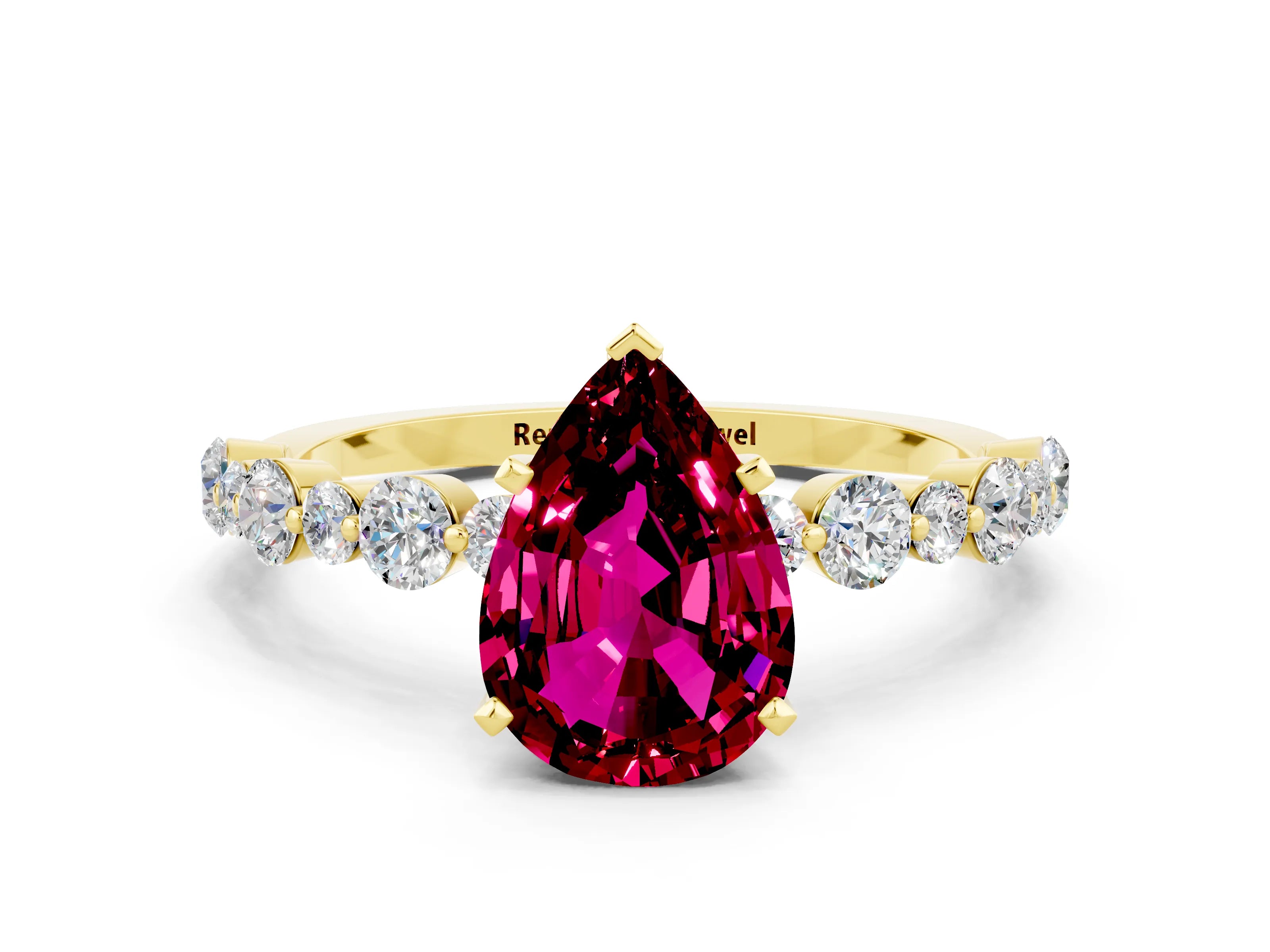 Yellow gold Pear Cut Garnet Prong Set Engagement Ring with Pavé Band