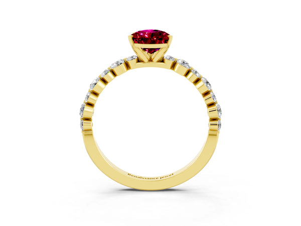 Yellow gold Pear Cut Garnet Prong Set Engagement Ring with Pavé Band
